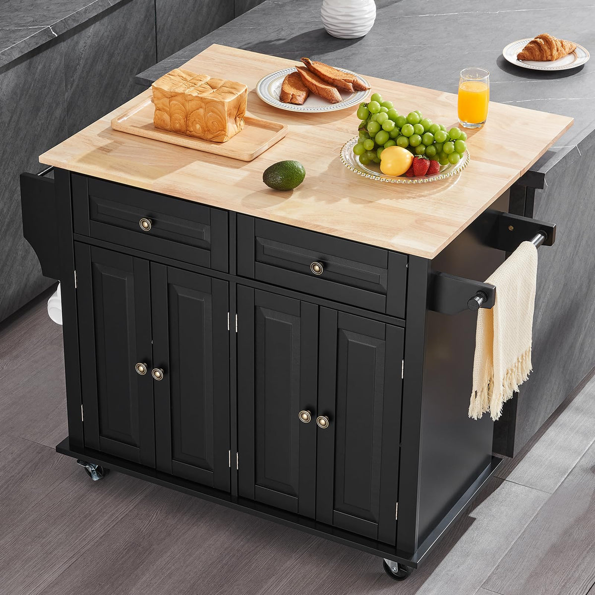 VEVOR Kitchen Island Cart with Storage, 47.64 in Wide Mobile Rolling Storage Island on Swivel Wheels, with 2 Drawers, Storage Cabinet, Drop Leaf, Towel Rack, Table for Home Dining Room, White