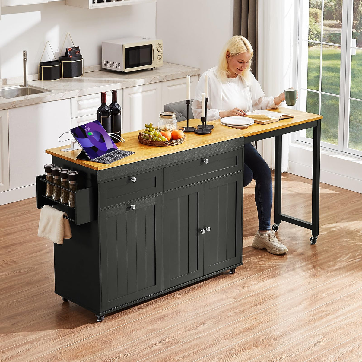 Kitchen Islands with Extendable Dining Table, Mobile Storage Islands, White