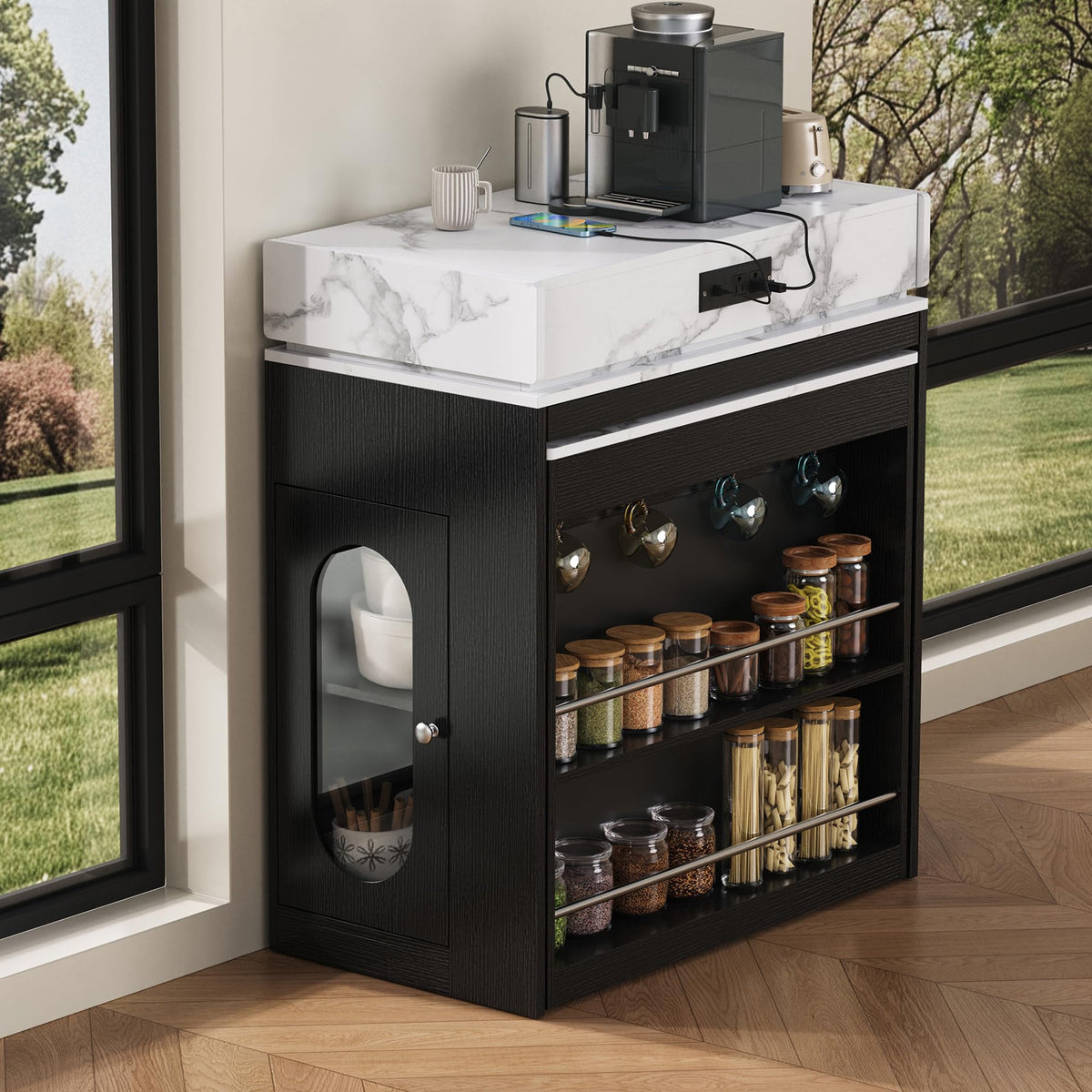 Extendable Dining Table with Folding Tabletop & Power Outlet, Modern Kitchen Island Sideboard with Wheels, Hidden Drawers & USB Charging, Sturdy Buffet Table for Small Spaces (Black)