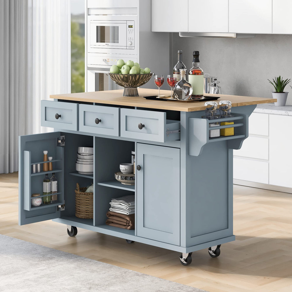 Ball & Cast Farmhouse Kitchen Island with Power Outlet,Dining Storage Island with Drop Leaf,Spice Rack and Drawer,Rolling Dining Cart on Wheels for Home,Kitchen,Dining Room,White,54"
