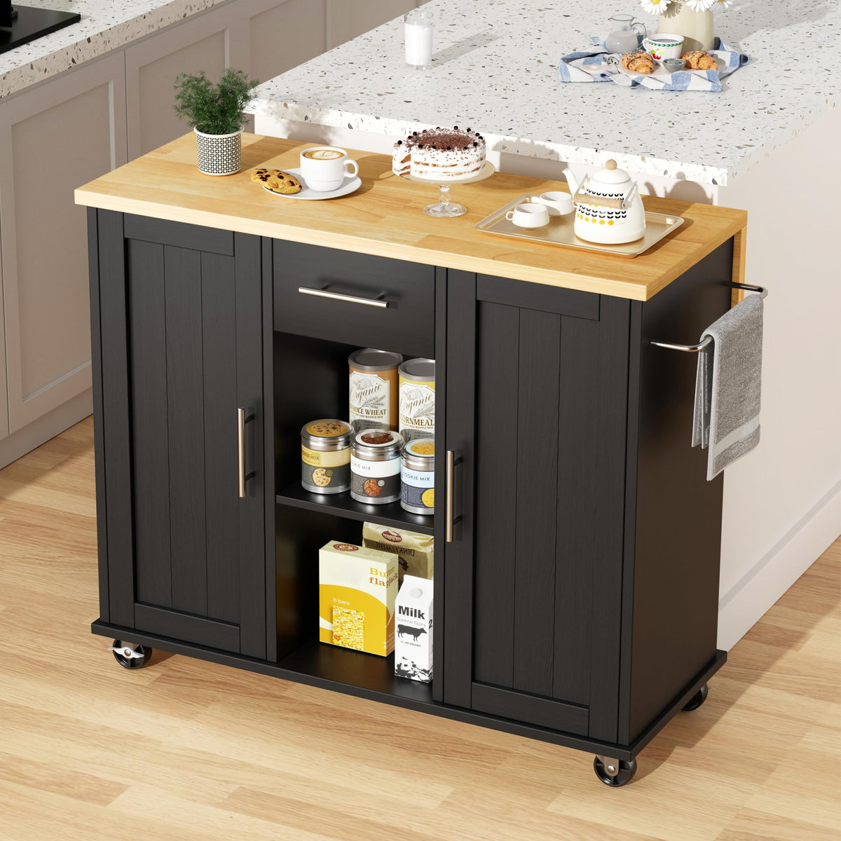 JY QAQA 42" Rolling Kitchen Island Cart with Storage, Drop Leaf Countertop, Drawers & Towel Rack, Mobile Kitchen Table on Wheels for Kitchen Dining Room, White