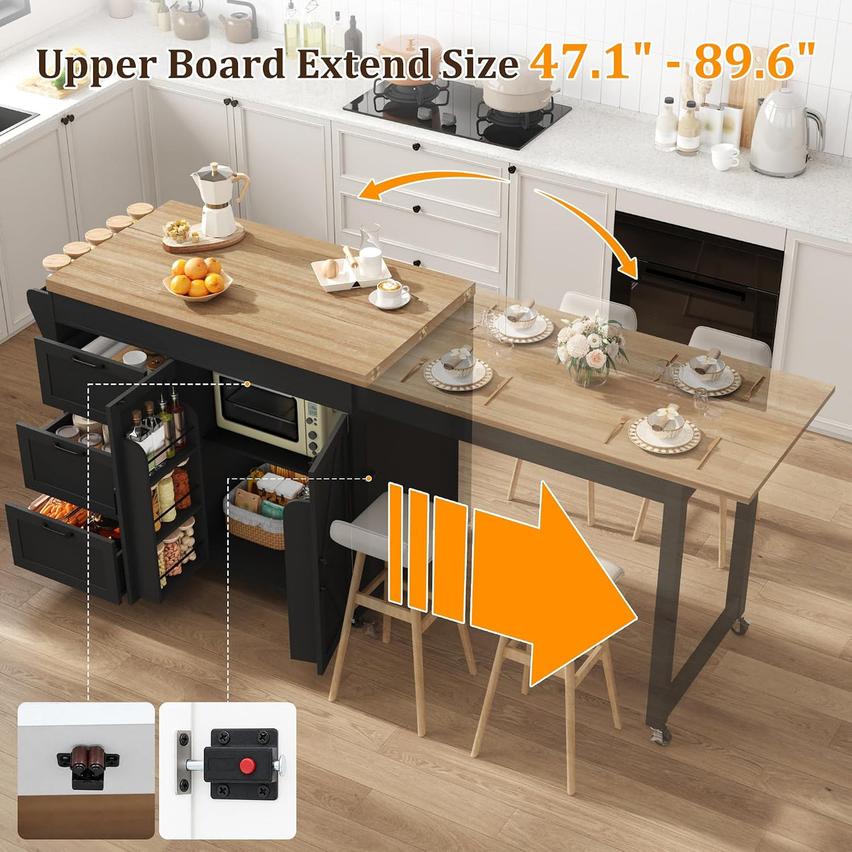 St.Mandyu 47â- 90â Flip-Top Kitchen Island with Extendable Dining Table, Mobile Rolling Storage Kitchen Cart with 3 Drawers & Spice Rack, Multi-Functional Bar Island Table Seats 2-4, Black