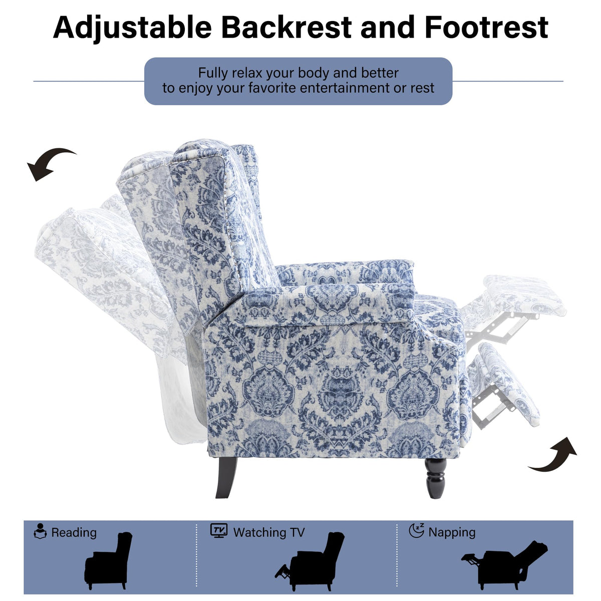 Wingback Floral Pushback Recliner Chair, Plants Beige, Set of 2