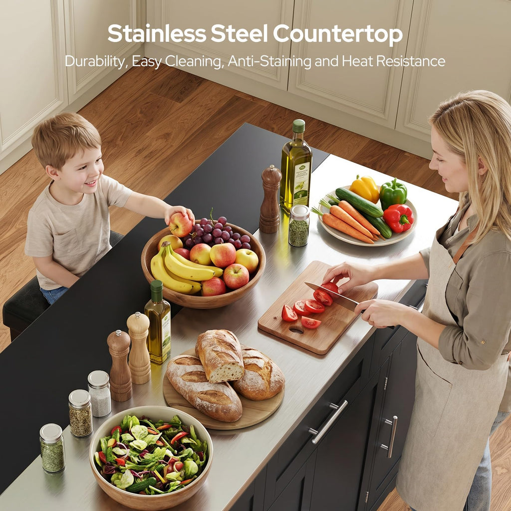 Concho 56" Kitchen Island with Seating Stainless Steel Countertop Black