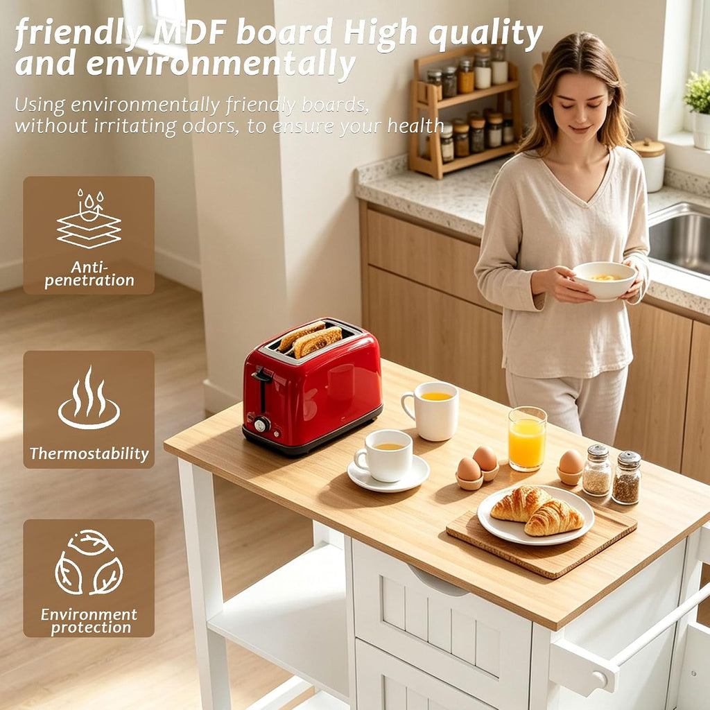 Kitchen Island Cart with Storage Cabinet, Rolling Kitchen Island on Wheels with Drawer, Spice Rack and Towel Rack, Mobile Kitchen Cart with Adjustable Shelf for Dining Room Apartment, White