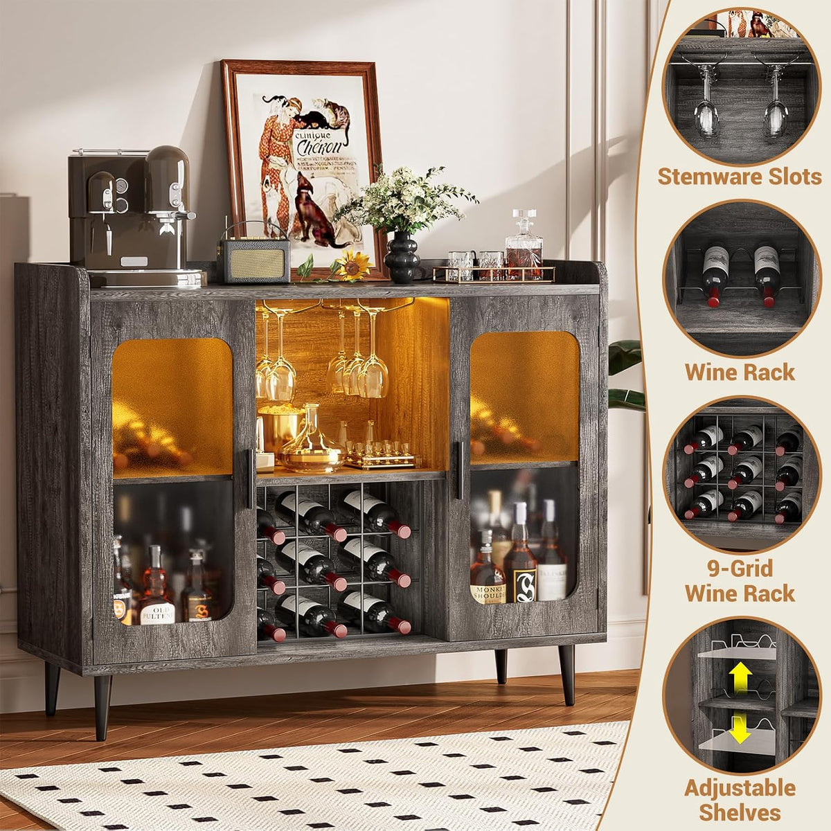 iSunirm Wine Bar Cabinet with Power Outlet & LED Light, Black Oak