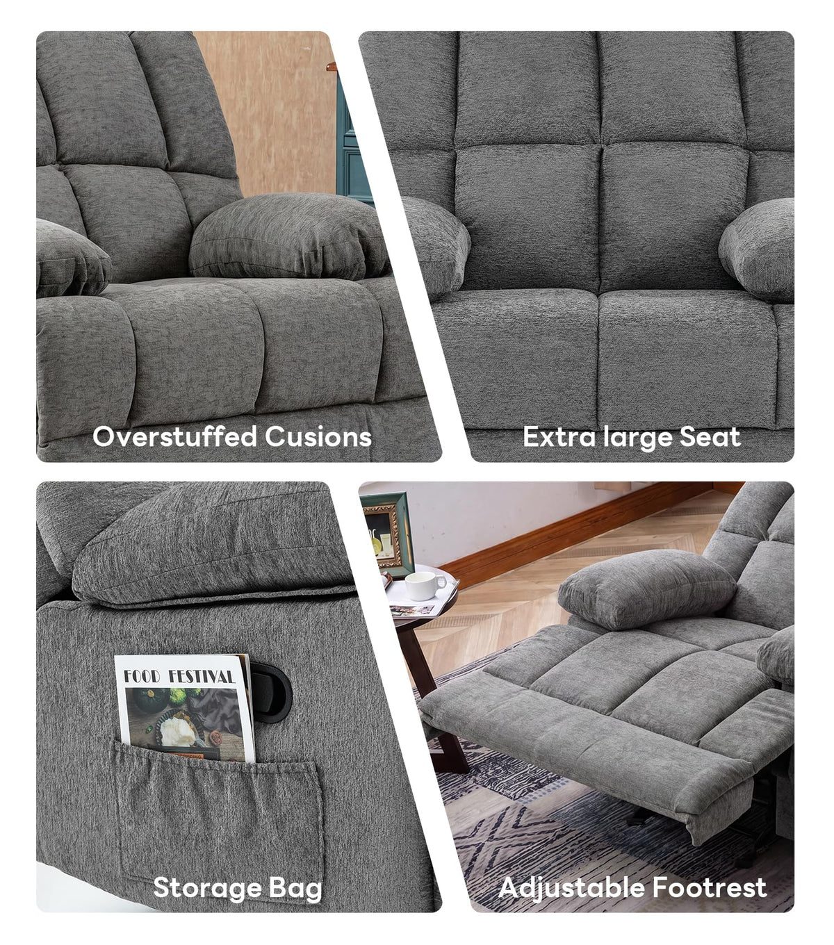 WILLOVE 41" Oversized Rocker Recliner Chair, Rocking Recliners Overstuffed Soft Big Man Manual Recliner, Extra Large Chenille Living Room Chair 350 LBS Capacity, Grey, L