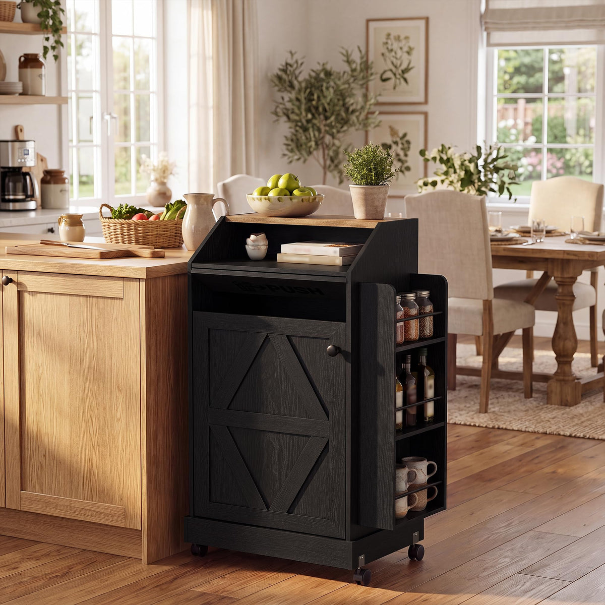 YESHOMY Kitchen Island on Wheels with Trash Cabinet, White & Brown