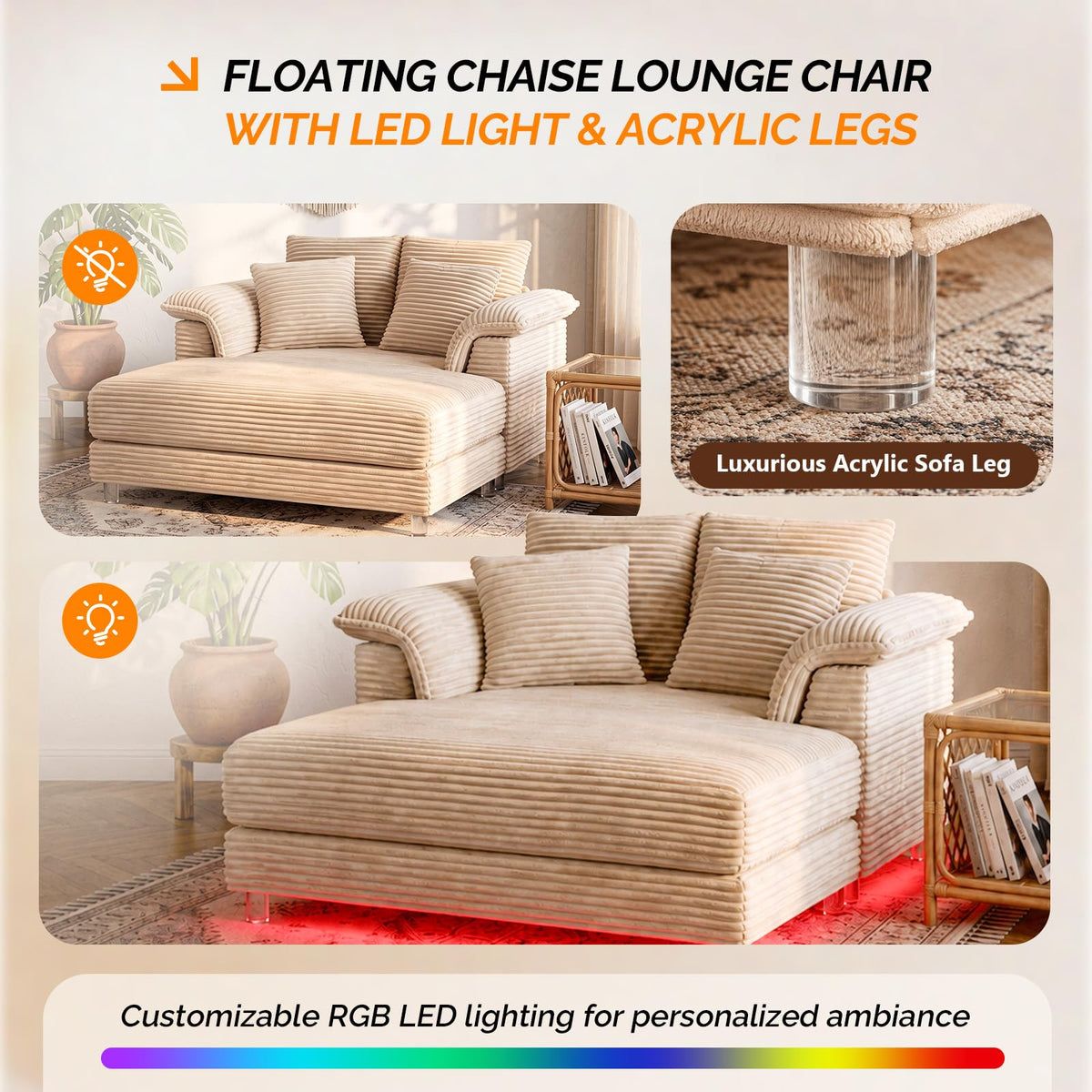 VINGLI 56" Wide Oversized Chaise Lounge Chair with Plush Padded Armrests