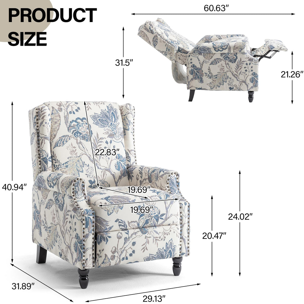 Wingback Floral Pushback Recliner Chair, Plants Beige, Set of 2