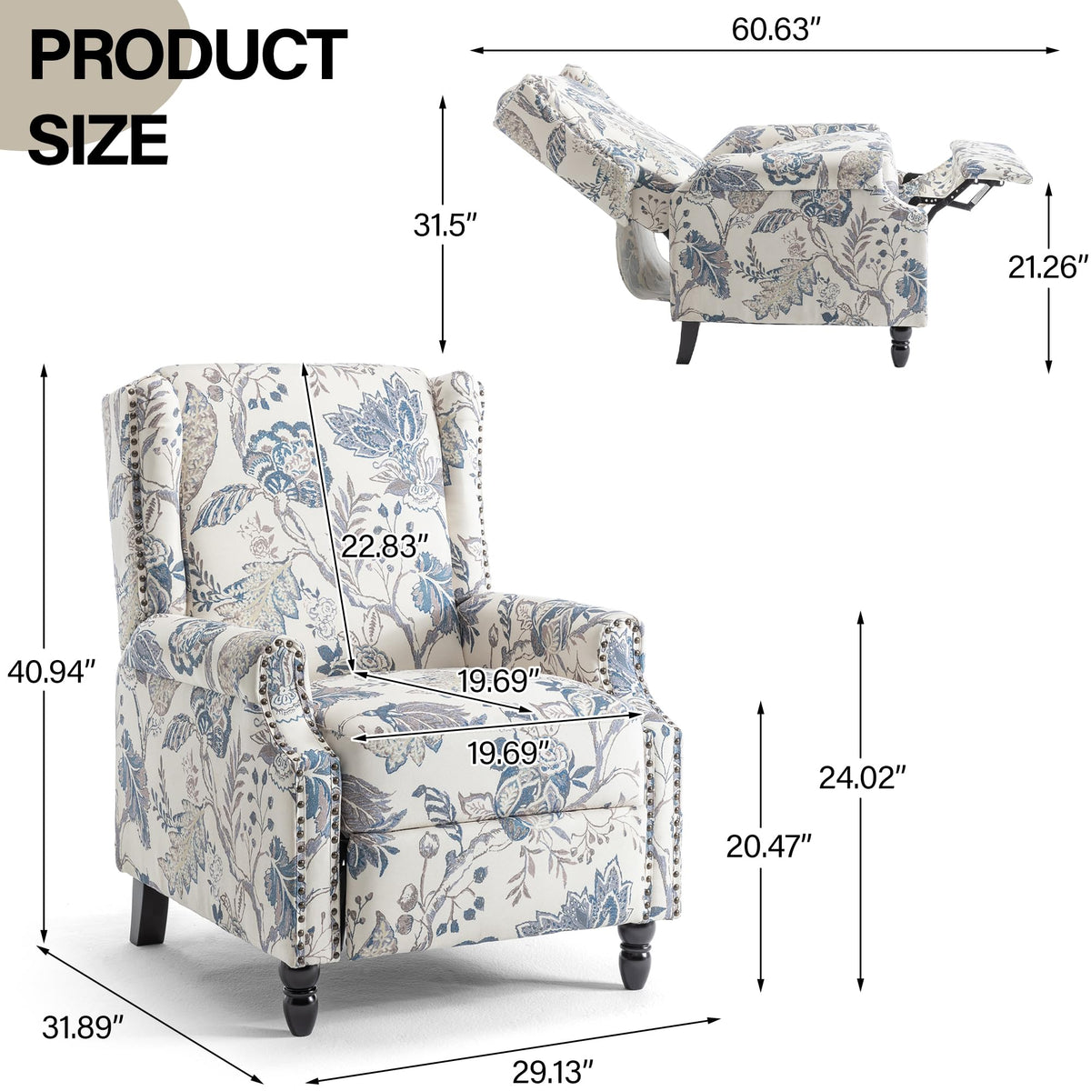 Wingback Floral Pushback Recliner Chair, Plants Beige, Set of 2