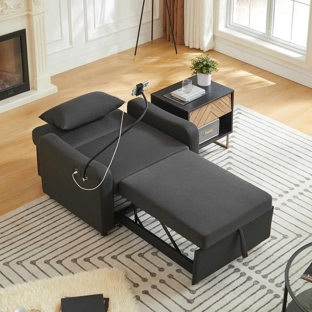 Convertible Single Sleeper Chair Bed,3 in 1 Velvet Futon Sleeper Sofa Bed with Phone Holder&USB Ports,Pull Out Couch Bed,Adjustable Recliner Armchair bed for Living Room,Office,Small Places(Grey)