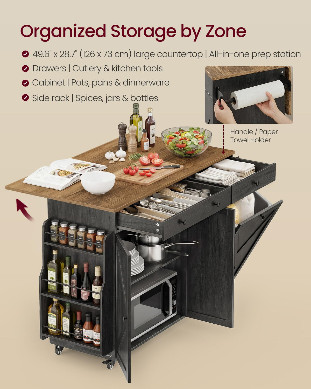 VASAGLE Mobile Kitchen Island with 2 Doors, 2 Drawers