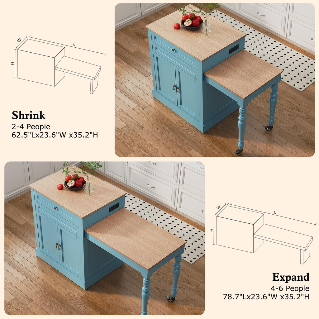 HLR 72" Kitchen Island with Extendable Table for 2-4, Island Table for Kitchen with Power Outlet and Storage Slide Out Legs, Rolling Islands Cart with 2 Doors (White)