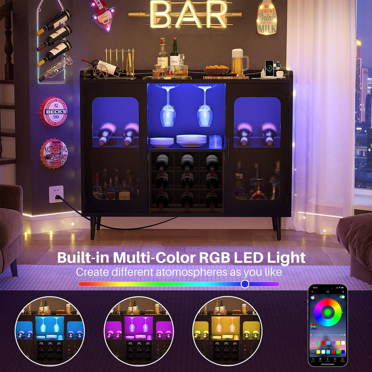 iSunirm Wine Bar Cabinet with Power Outlet & LED Light, Black Oak