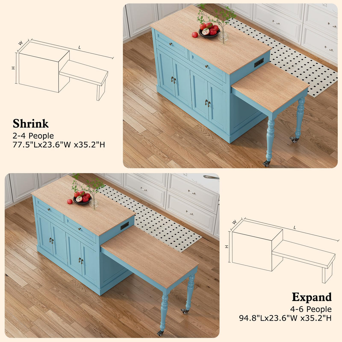 HLR 94.8" Kitchen Island with Extendable Table & Power Outlet, White
