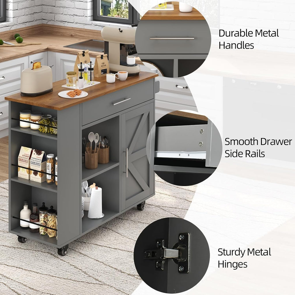 39'' Kitchen Island with Storage, Rolling Kitchen Island on Wheels, Grey