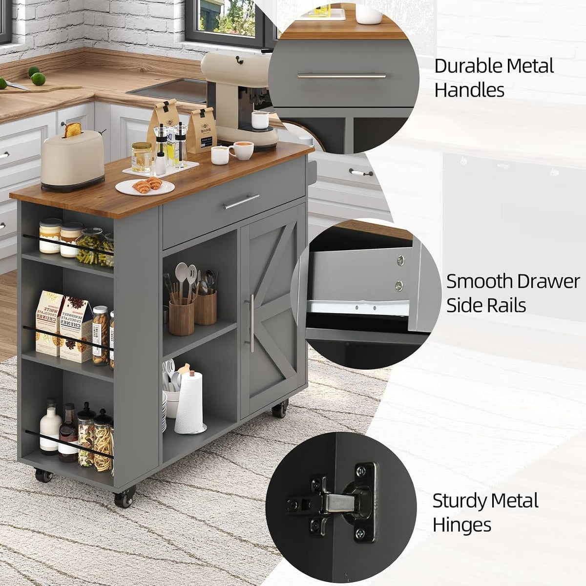 39'' Kitchen Island with Storage, Rolling Kitchen Island on Wheels, Grey