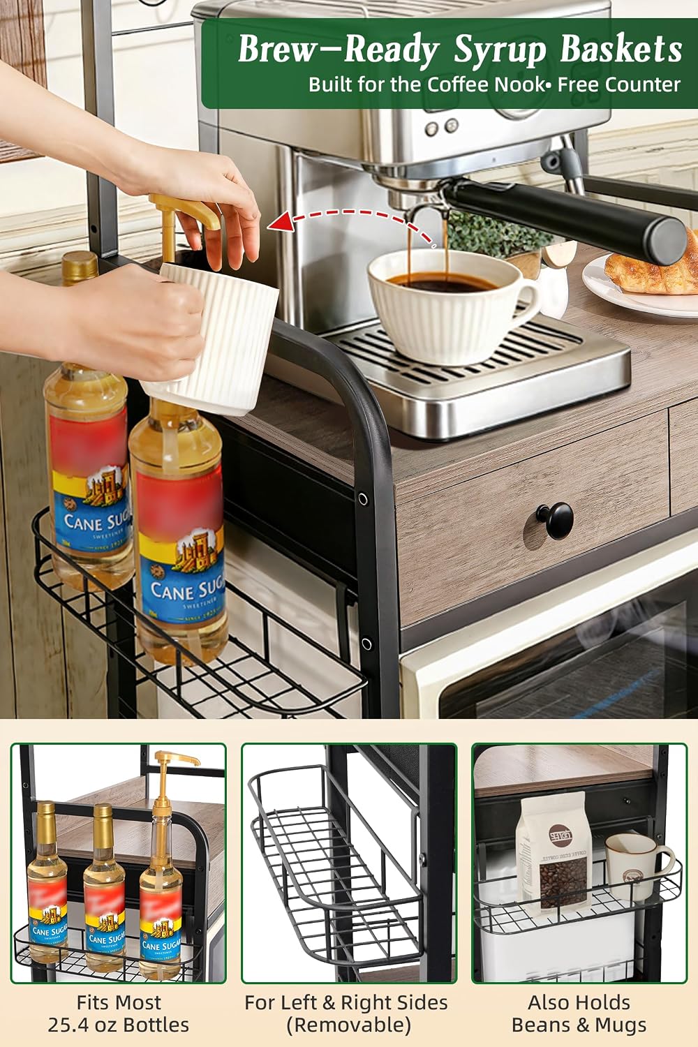 Coffee Bar Cabinet with Storage, Coffee Cart with Wheels, Coffee Station with Coffee Bar Sign and Mug Hook, Corner Coffee Bar Table with Drawer, Bakers Rack for Kitchen Dining Room Living Room Nook