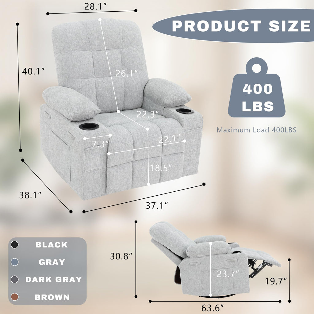 Swivel Rocker Recliner Chair,Recliner Single Sofa with Cup Holders, Manual Nursery Rocking Chair with Side Pockets, Modern Upholstered Recliner for Living Room,Apartment,Home Theater(Black)