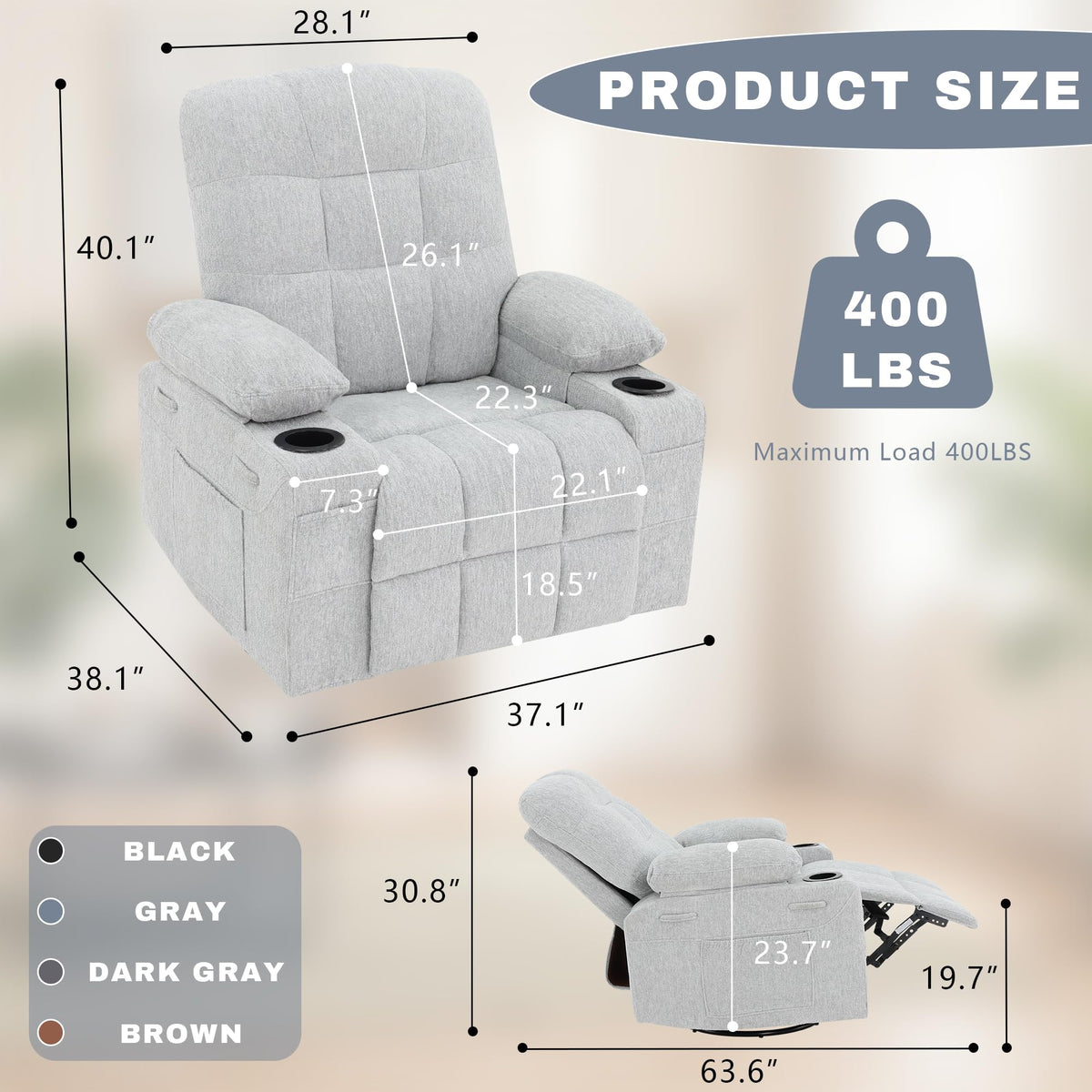 Swivel Rocker Recliner Chair,Recliner Single Sofa with Cup Holders, Manual Nursery Rocking Chair with Side Pockets, Modern Upholstered Recliner for Living Room,Apartment,Home Theater(Black)