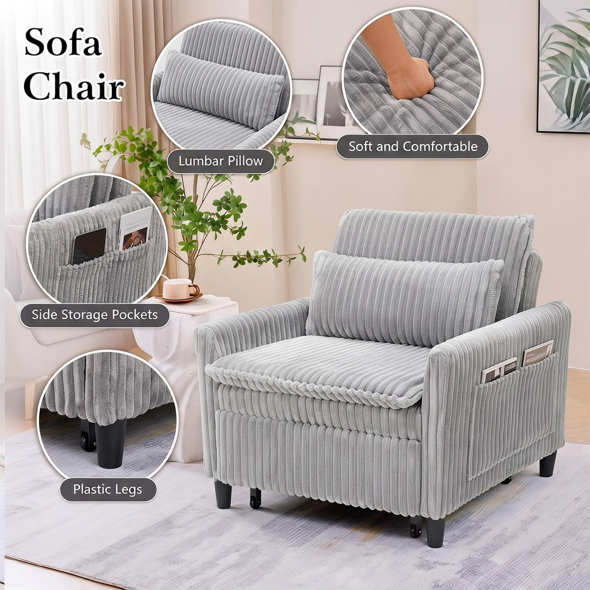 32" Convertible Sofa Chair Bed, 3âinâ1 Pullâout Sleeper Chair with Corduroy Fabric, Adjustable Backrest & Side Storage Pockets, SpaceâSaving Design for Living Room, Apartment, Bedroom (Yellow)