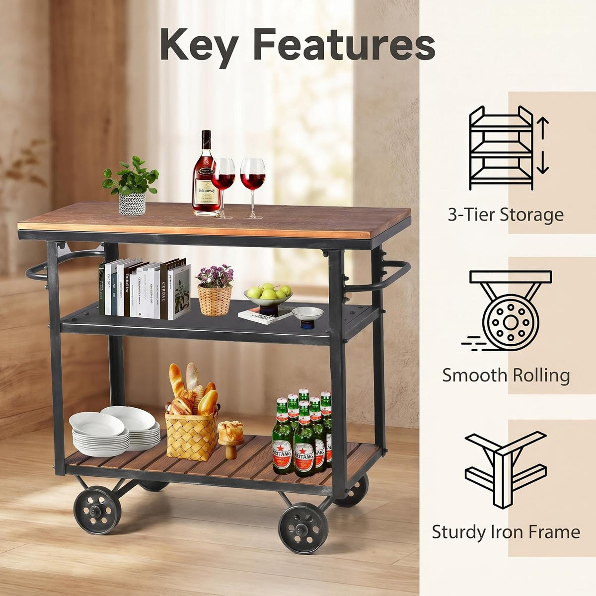 Industrial 3 Tier Rolling Utility Storage Cart Wine Beverage, Metal Wine Rack with Wheels Kitchen Bar Dining Room Tea Wine, Storage Cart with Wood