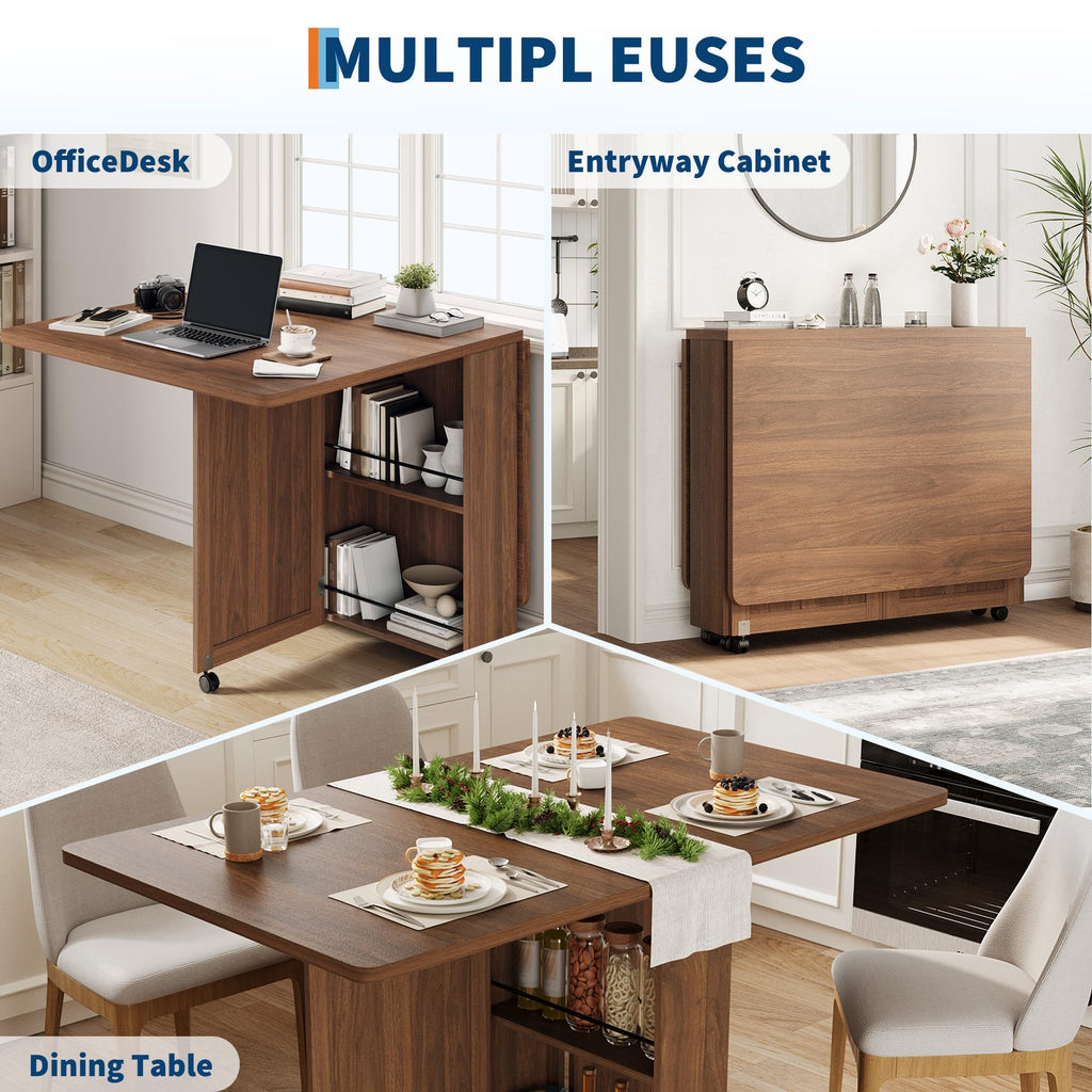 Garvee Folding Dining Table with Storage, Folding Kitchen Table with 6 Wheels, Drawer & Shelves, Compact Dining Table for Small Spaces