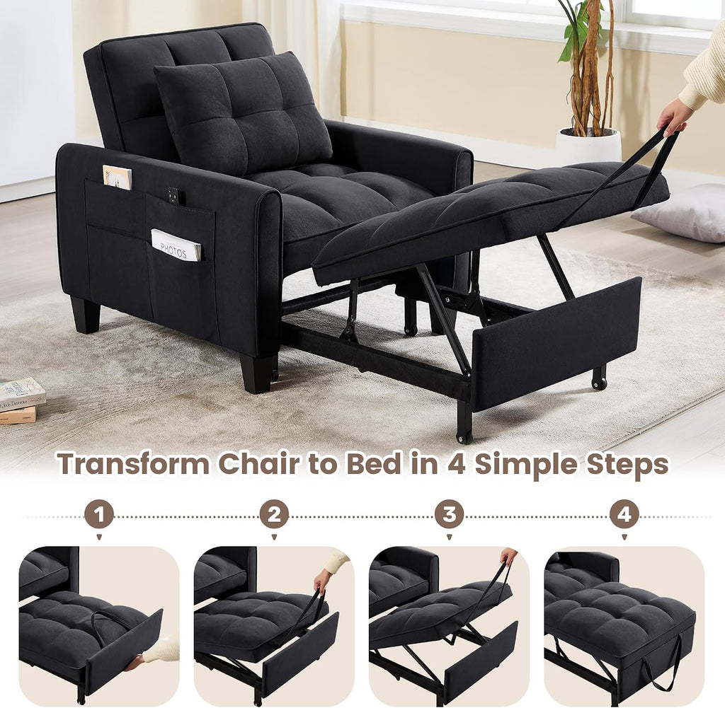 Convertible Sleeper Chair, 3 in 1 Sleeper Chair Bed Pull Out Sofa Bed Chairs, Single Sofa with Adjustable Backrest for Adults Reading Living Room, Bedroom, Black