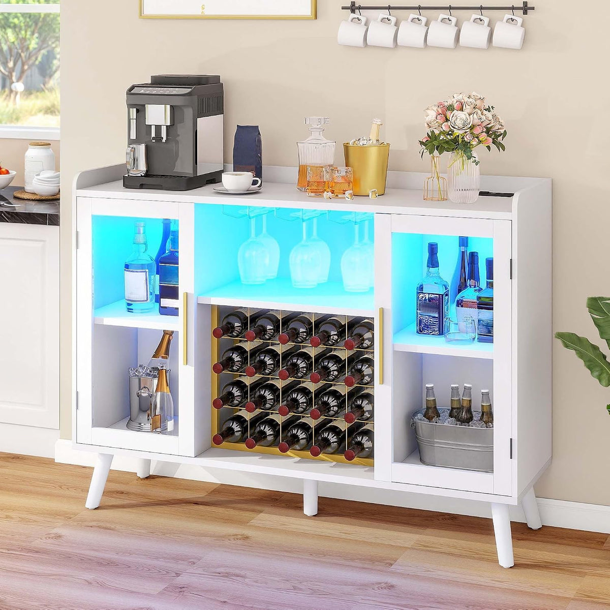 DWVO 53" Wine Bar Cabinet with LED Lights & Power Outlets, White