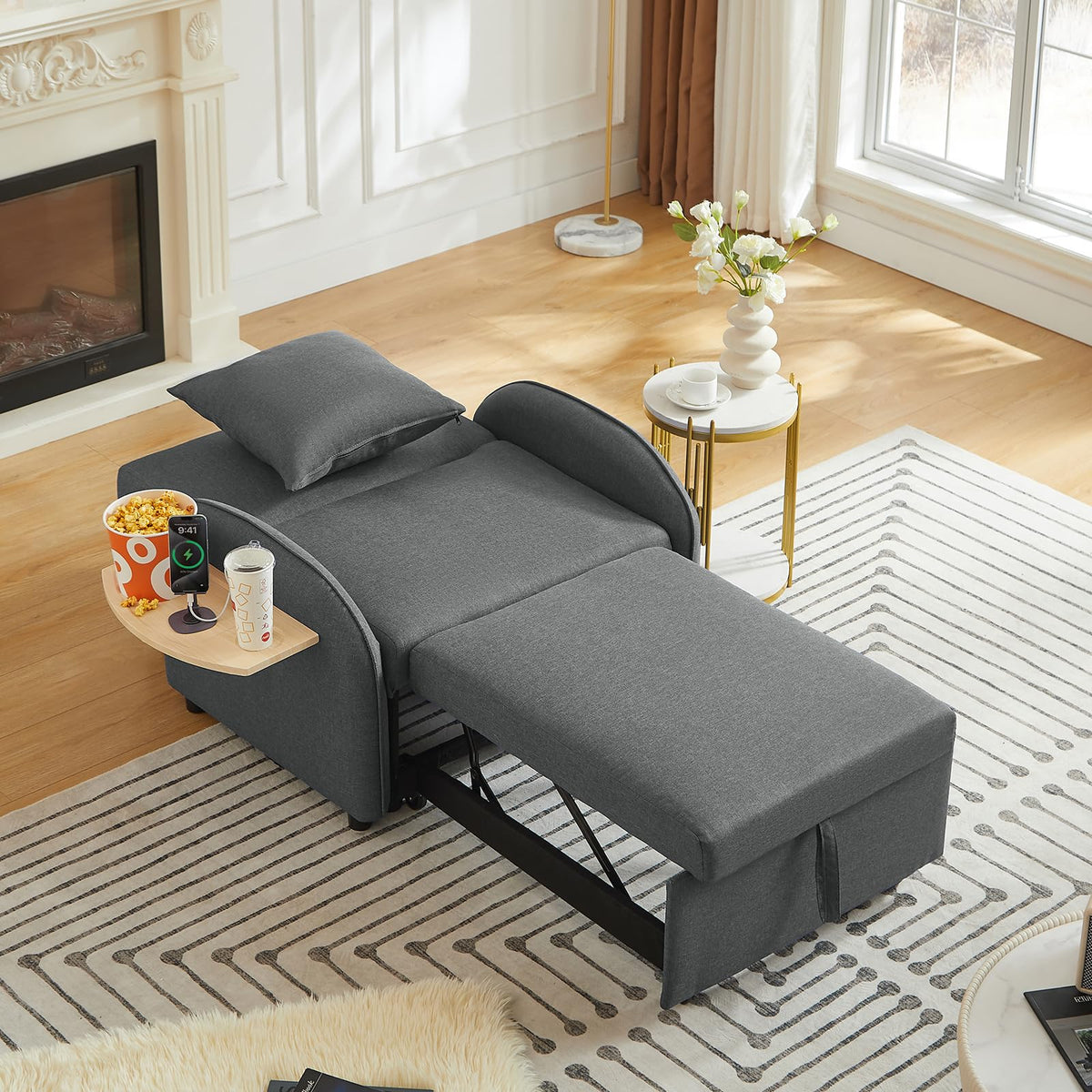 Convertible Single Sleeper Chair Bed,3 in 1 Velvet Futon Sleeper Sofa Bed with Phone Holder&USB Ports,Pull Out Couch Bed,Adjustable Recliner Armchair bed for Living Room,Office,Small Places(Grey)