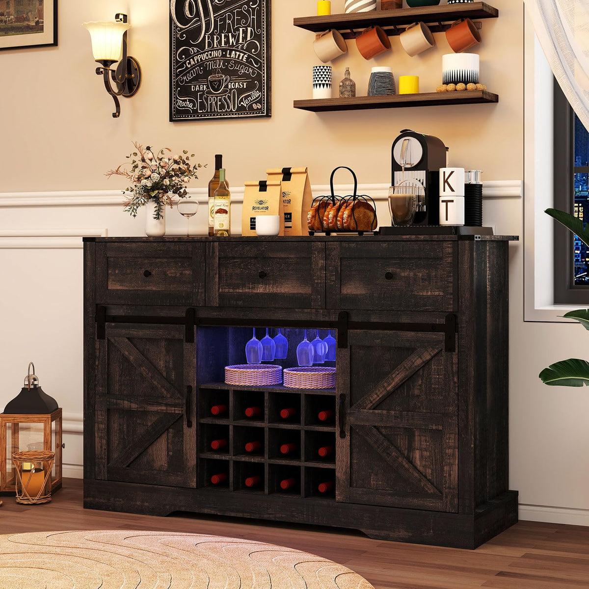 GIANTEX Wine Bar Cabinet with LED Lights, 52" Buffet Sideboard w/Sliding Barn Door, 3 Drawer, Adjustable Shelf, 12 Bottle Wine Rack & Glass Holder, Farmhouse Coffee Station for Living Room