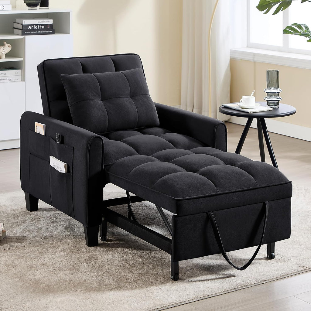 Convertible Sleeper Chair, 3 in 1 Sleeper Chair Bed Pull Out Sofa Bed Chairs, Single Sofa with Adjustable Backrest for Adults Reading Living Room, Bedroom, Black