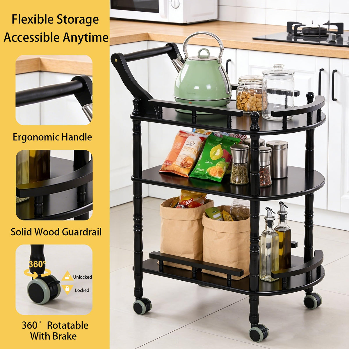Entertainment Kitchen Cart, Midcentury Modern Imported rubberwood Brown Finished Wood 3-Tier Mobile Bar Cart Serving Cart
