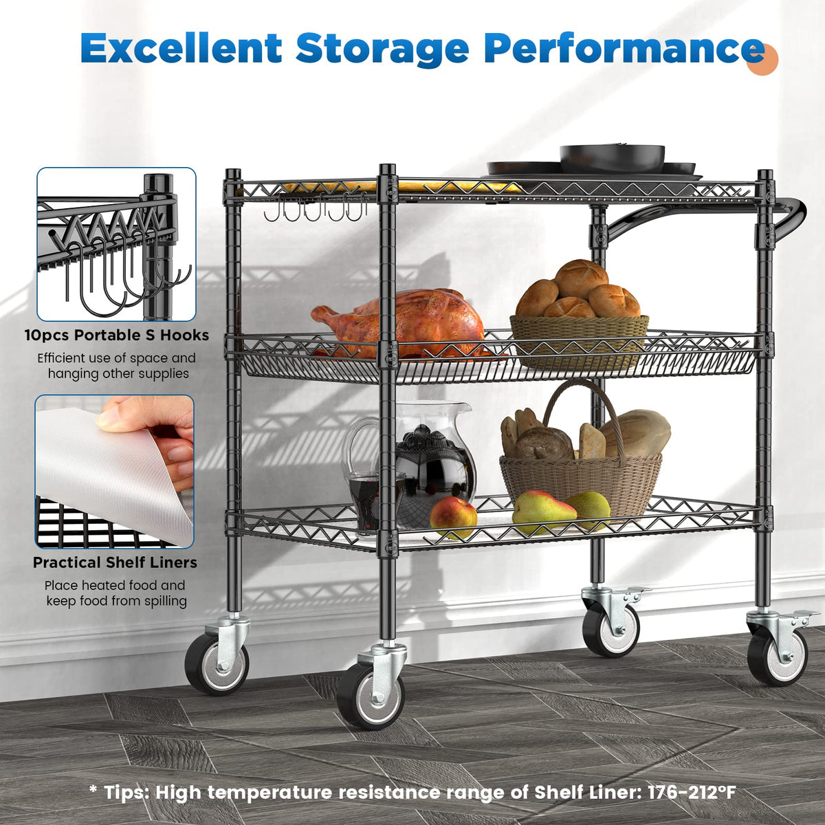 Leteuke 3 Tier Rolling Carts with Wheels, Heavy Duty Rolling Utility Cart