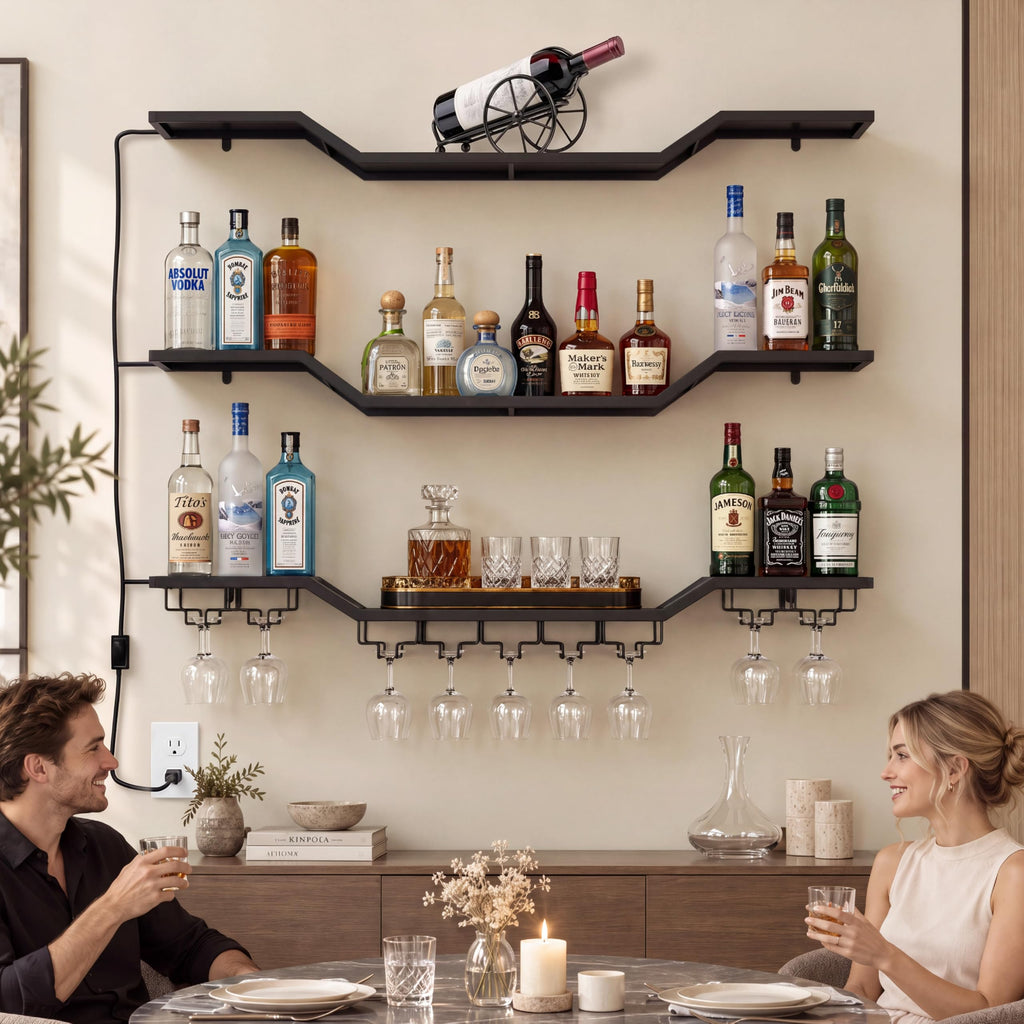 31.5" Wall Mounted Wine Rack with LED, 3-Tier Floating Bar Shelves