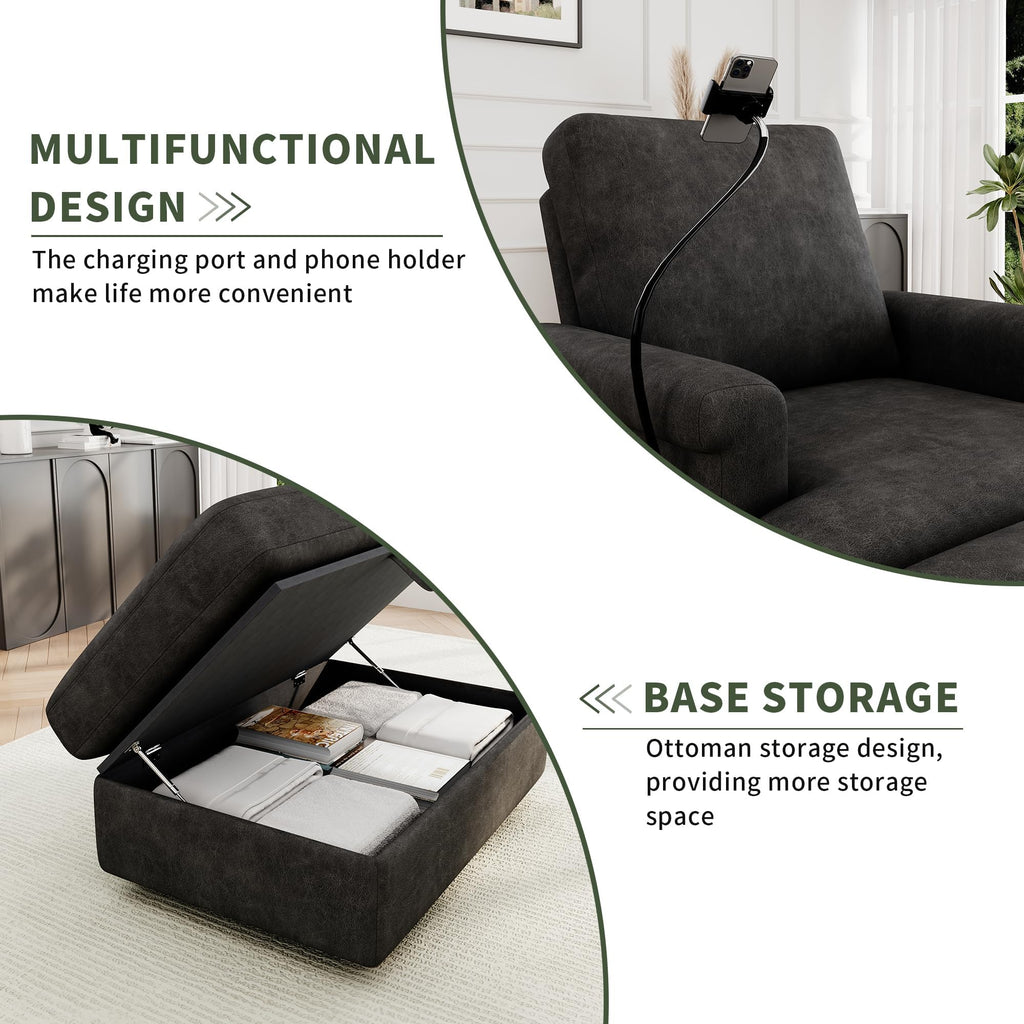 EJUNQ 66.5" Oversized Chaise Lounge Chair Indoorï¼Cozy Sofa Bed with Phone Holder and USB Chargerï¼Upholstered Deep Seat Sleeper Sofa Bedï¼Comfy Single Sofa Armchair for Living Room, Grey