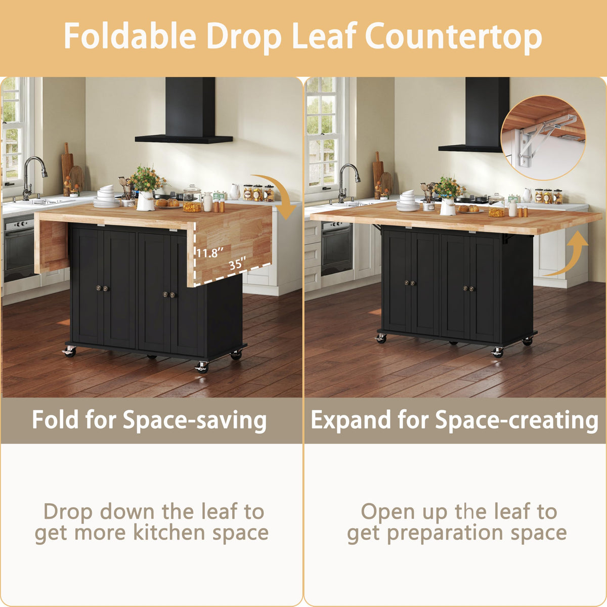 62.8" Rolling Kitchen Island with Double Drop Leaf Rubberwood Countertop, Mobile Kitchen Cart with Storage Cabinet & Lockable Wheels, Space-Saving Foldable Kitchen Prep Station for Dining Room, White
