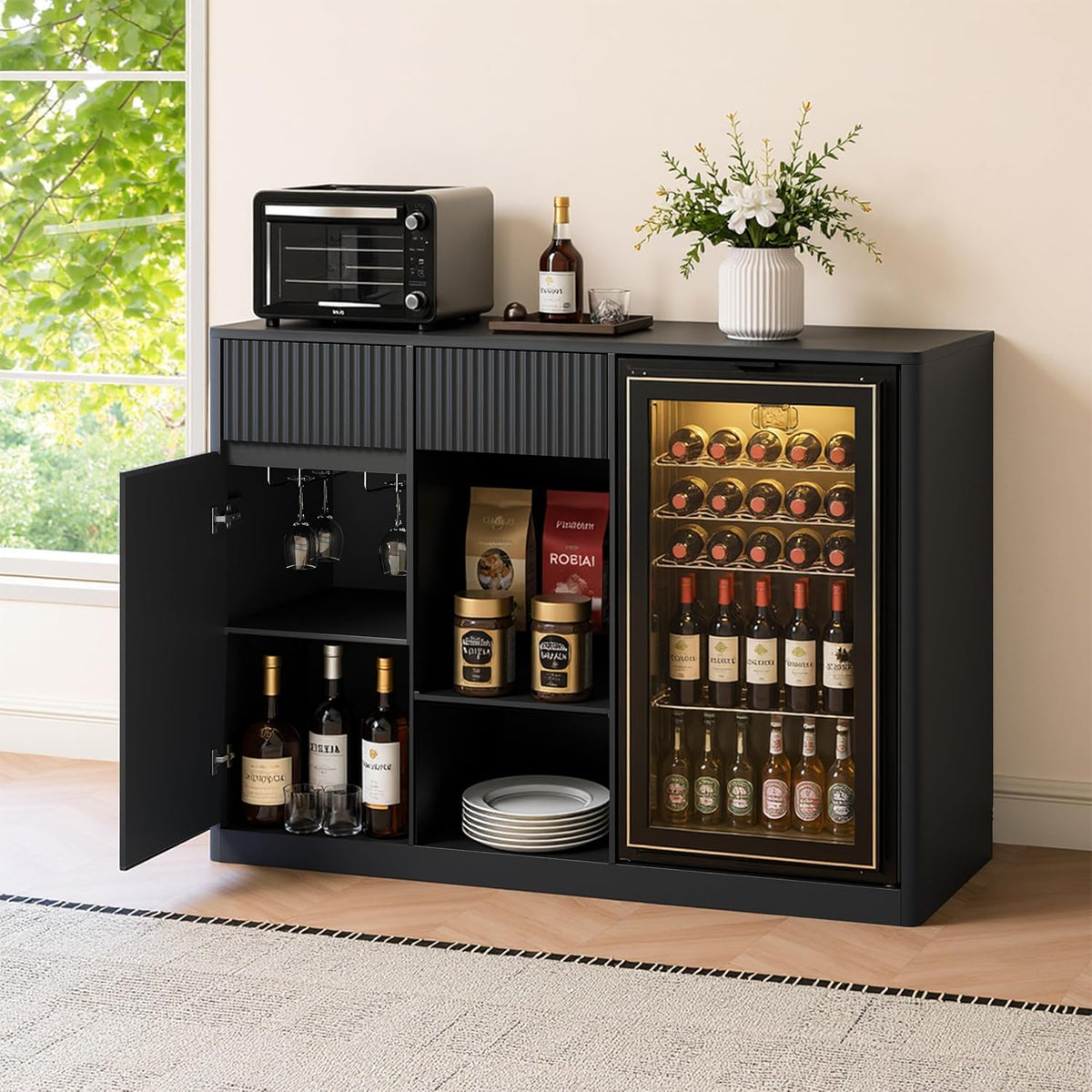51" L Coffee Wine Bar Cabinet with Fridge Space, Charging Hub, Wine Rack