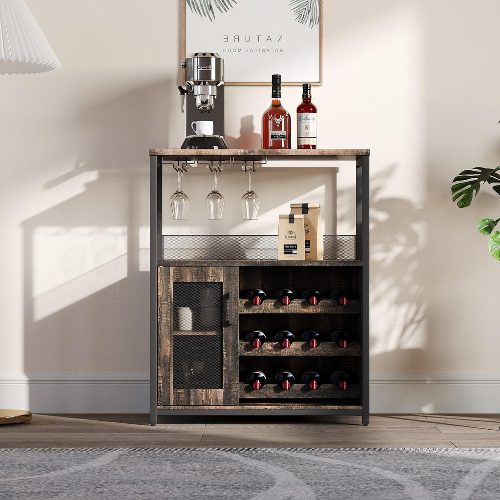 3-Tier Wine Bar Cabinet with Removable Wine Rack, Liquor Storage Cabinet with Glass Holder & Mesh Door, Coffee Bar Sideboard Buffet for Living Room or Dining Room, Gray