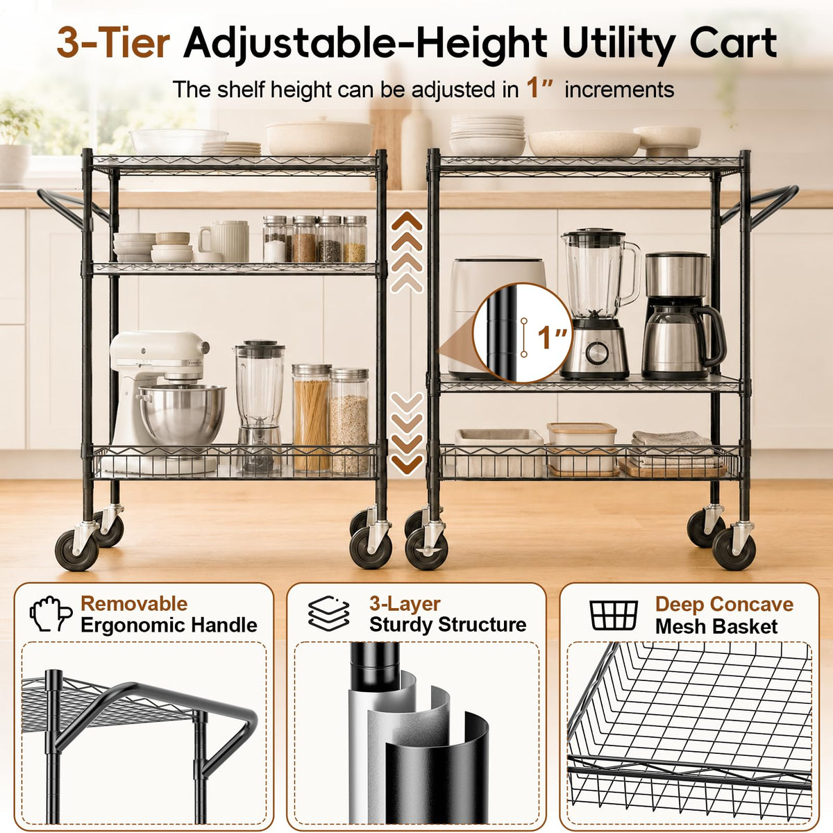3-Tier Kitchen Storage Cart with Wheels, Rolling Utility Cart