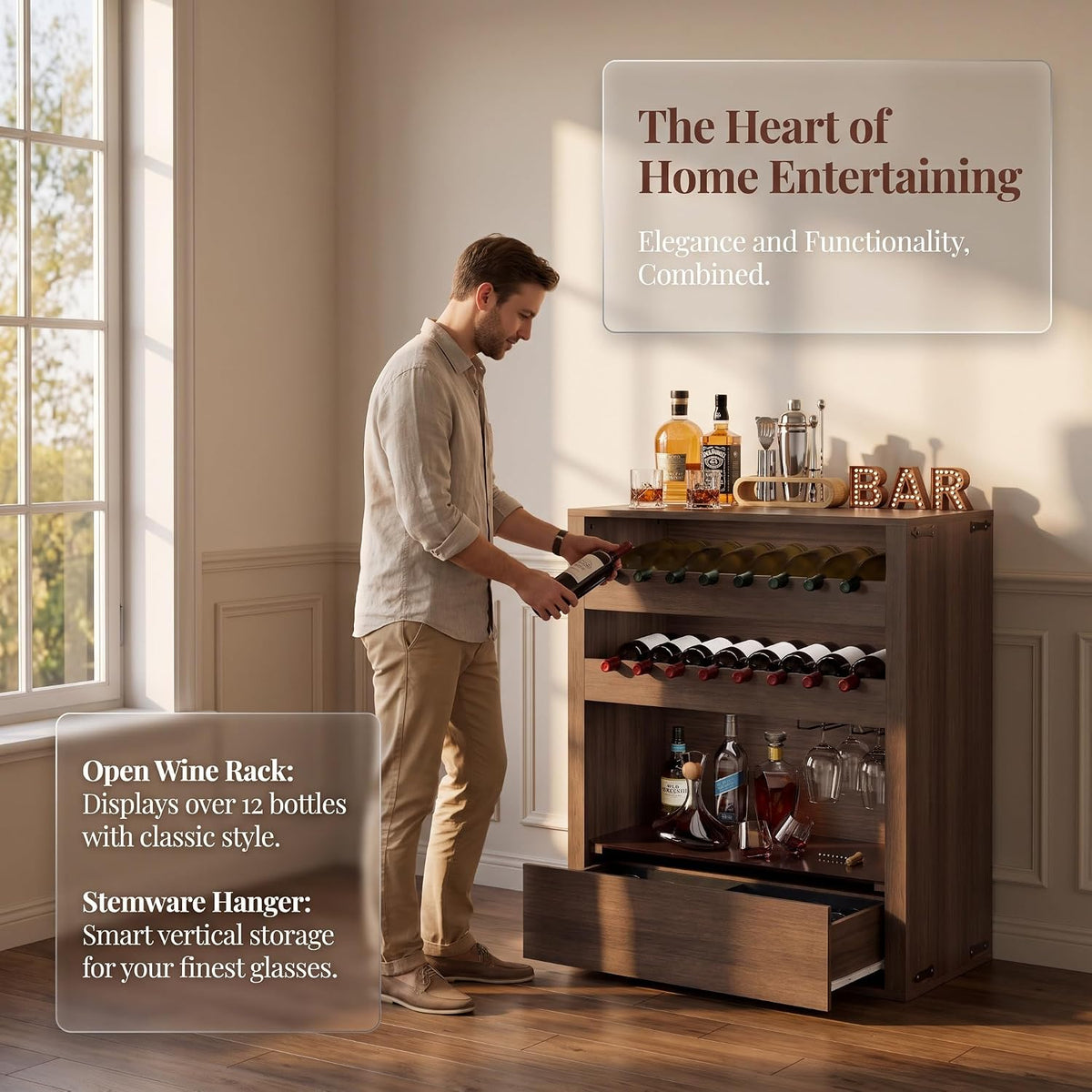 Liquor Cabinet with Wine Rack & Stemmed Holder & Drawer, Walnut
