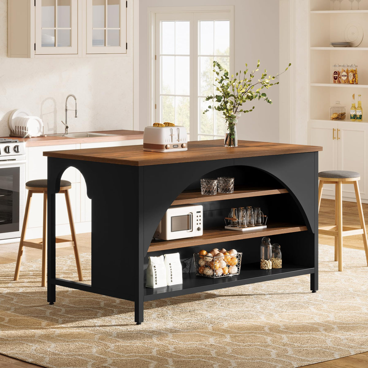 Tribesigns Kitchen Island with 3 Storage Shelves, 55" W Kitchen Shelf with Large Countertop and Seating Area, Modern Wooden Coffee Bar Table (White)