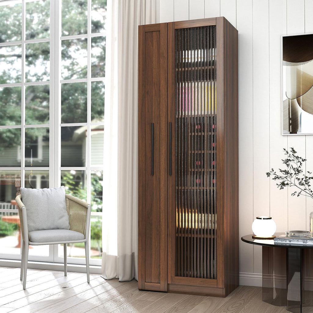 JOYSOURCE Kitchen Hutch Cabinet with 5-Tier Pull-Out Storage Shelves Tall Kitchen Pantry Wine Cabinet Slim Liquor Cabinet with Reeded Glass Door Bottle Dividers & Stemware Rack White