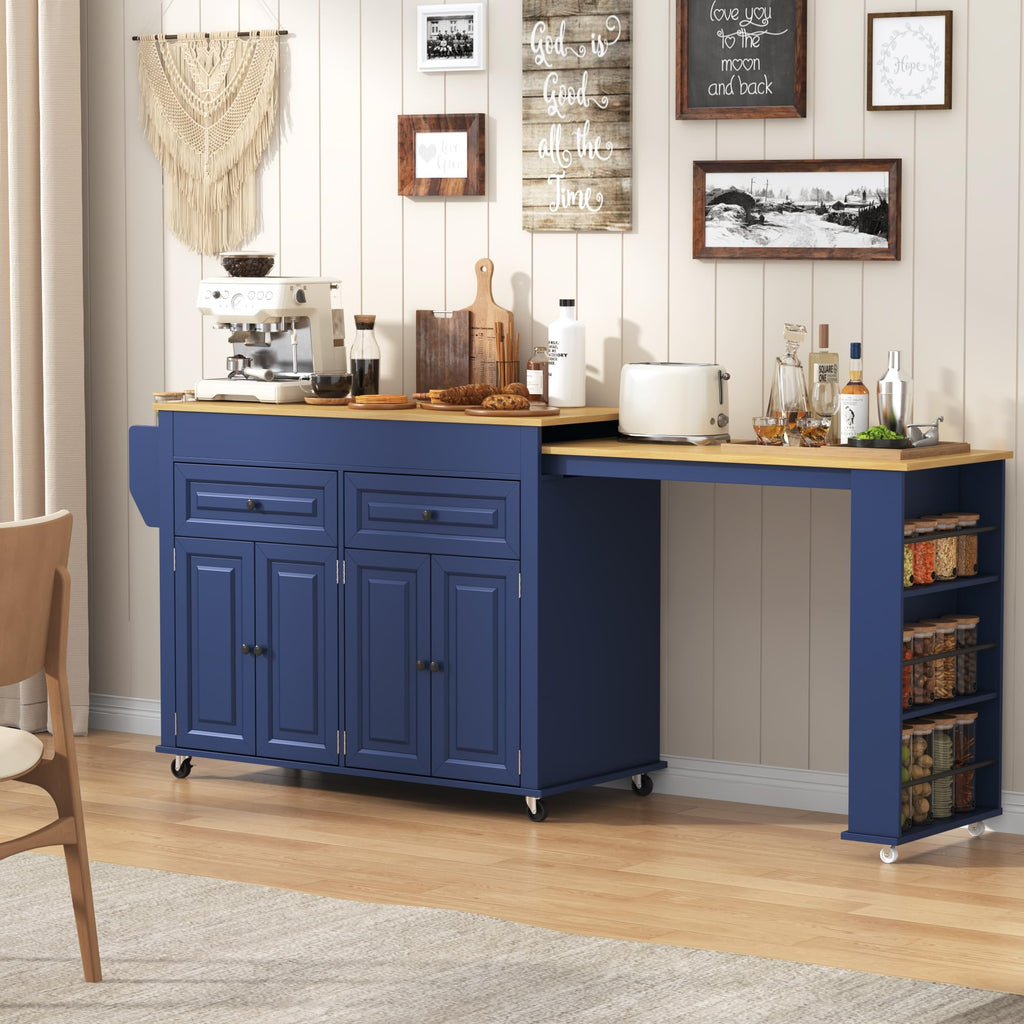 80"-48" Extendable Kitchen Island with Extended Dining Table and Power Outlet,Large Mobile Kitchen Storage Islands with 2 Storage Drawers,Rolling Islands Cart with 3 Extra Rows Open Shelves(Brown)