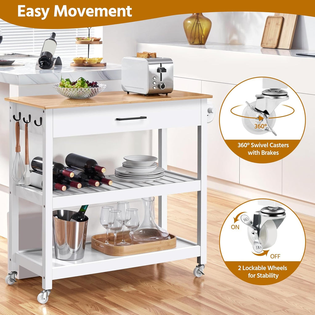 Yaheetech Rolling Kitchen Island Cart with 3 Shelves Lockable Wheels, White