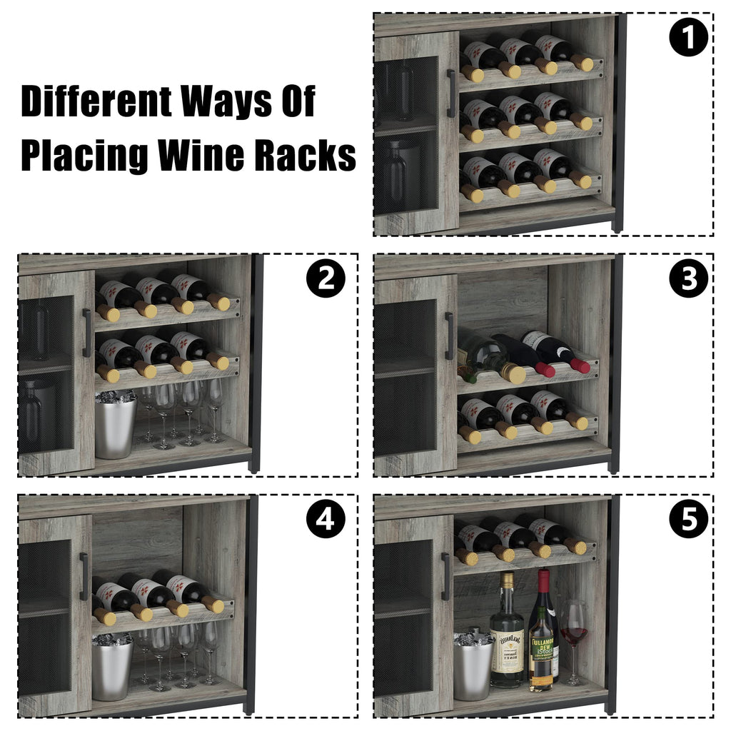 Jojoka 3 Tier Wine Bar Cabinet with LED Lights, Adjustable Storage, Liquor Rack, Glass Holder, Mesh Door, Multi Functional Coffee Bar Sideboard Buffet for Home, Dining Room