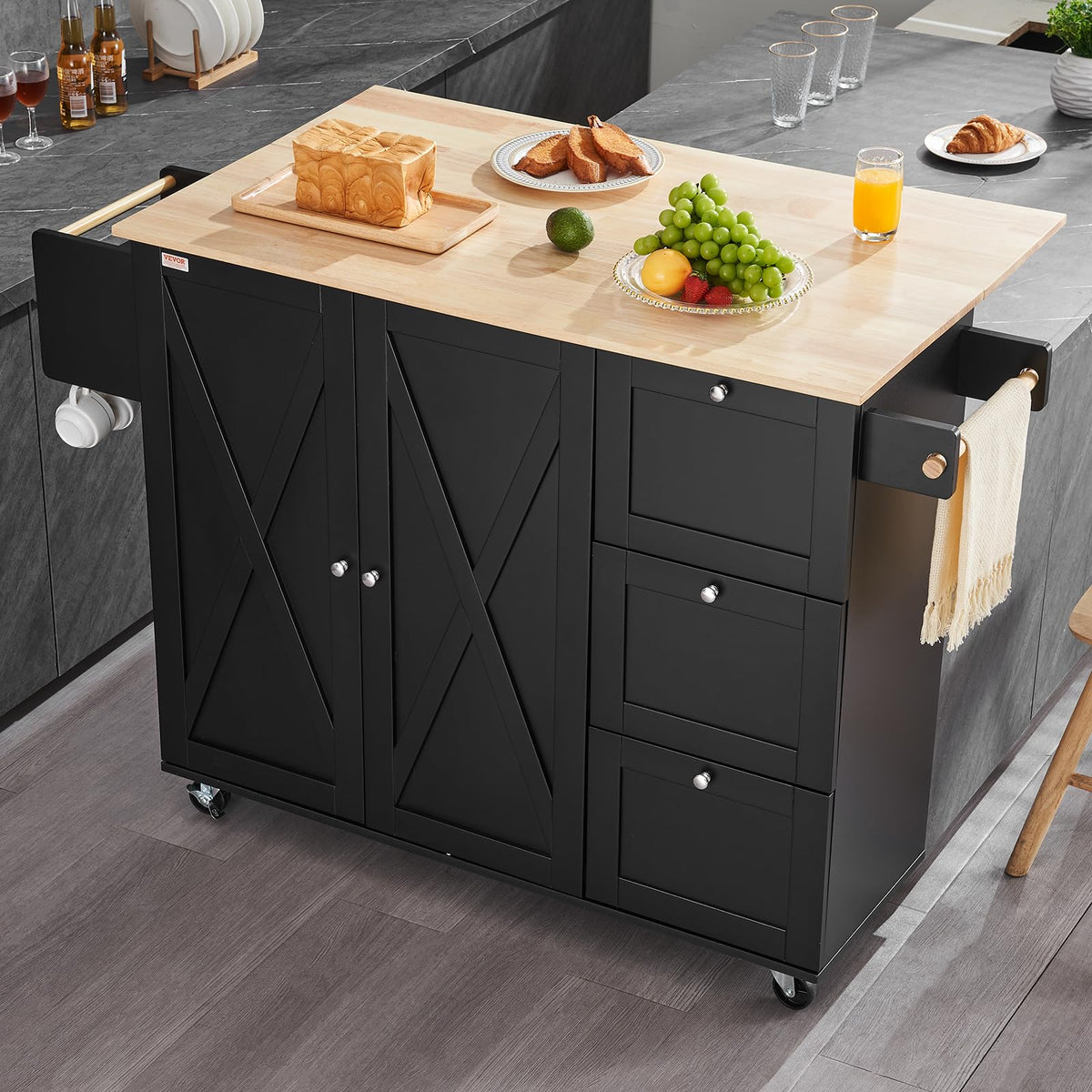 VEVOR Kitchen Island Cart with Storage, 47.64 in Wide Mobile Rolling Storage Island on Swivel Wheels, with 2 Drawers, Storage Cabinet, Drop Leaf, Towel Rack, Table for Home Dining Room, White