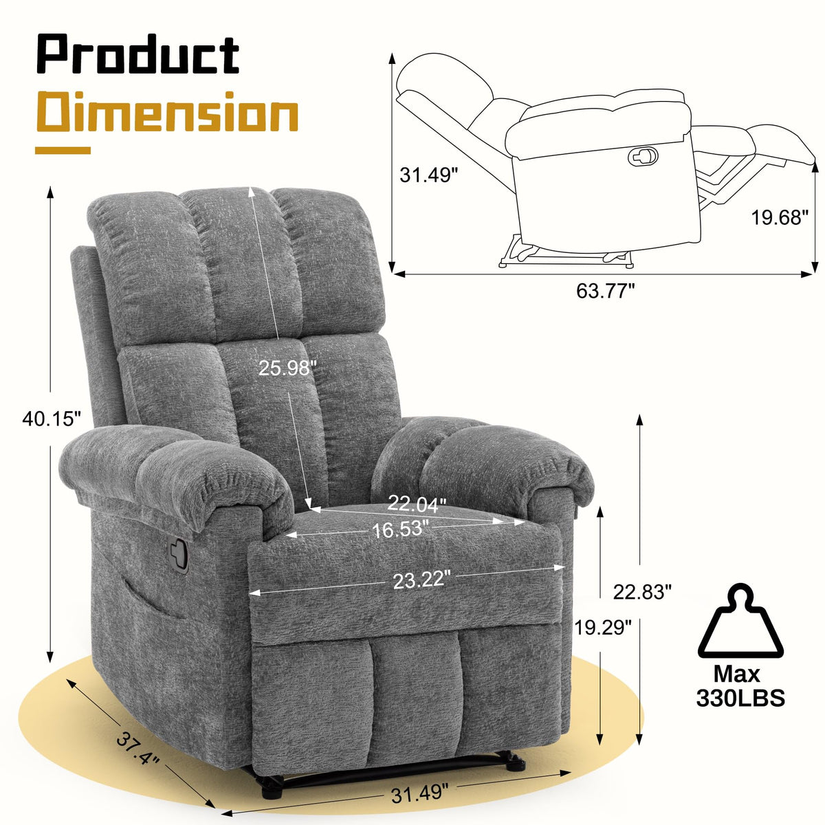 Korser Recliner Chair, Living Room Recliner Chairs for Adults, Small Recliners for Small Spaces, Upholstered Manual Recliner with Side Pockets, Comfy Nursery Chair for Living Room, Chenille, Beige