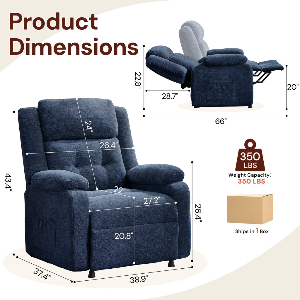 Korser Power Recliner Chair for Adults, Oversized Electric Recliner with Thickened Cushions, Reclining Chair for Bedroom, Living Room Chairs with Side Pockets, Chenille